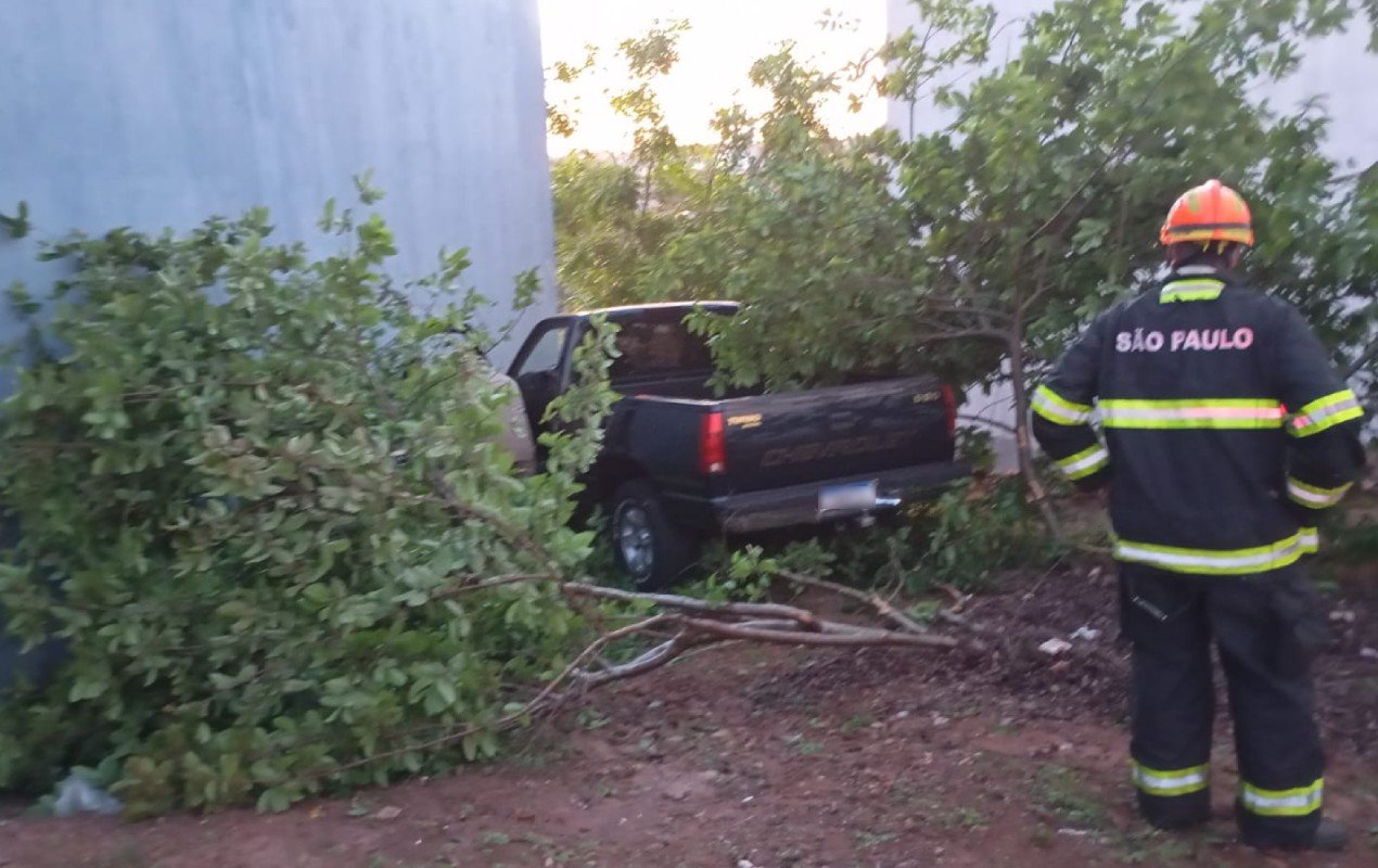 Motorista perde controle da direção e caminhonete bate em árvores de terreno baldio em Ibitinga