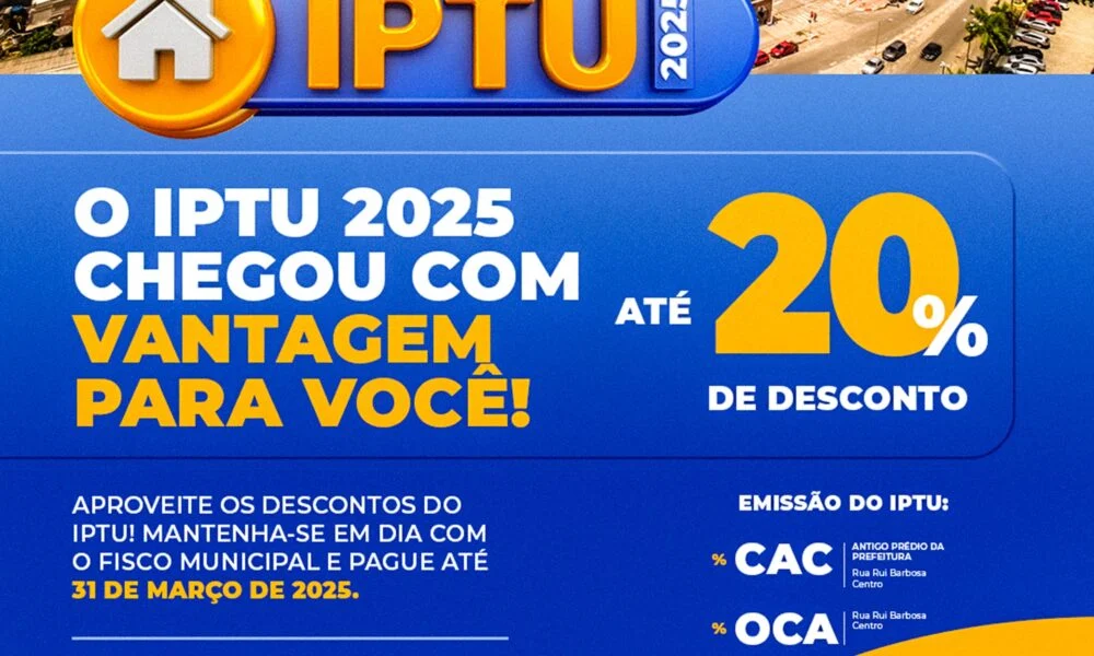 IPTU 2025 de Cruzeiro do Sul tem descontos de até 20% para pagamento à vista