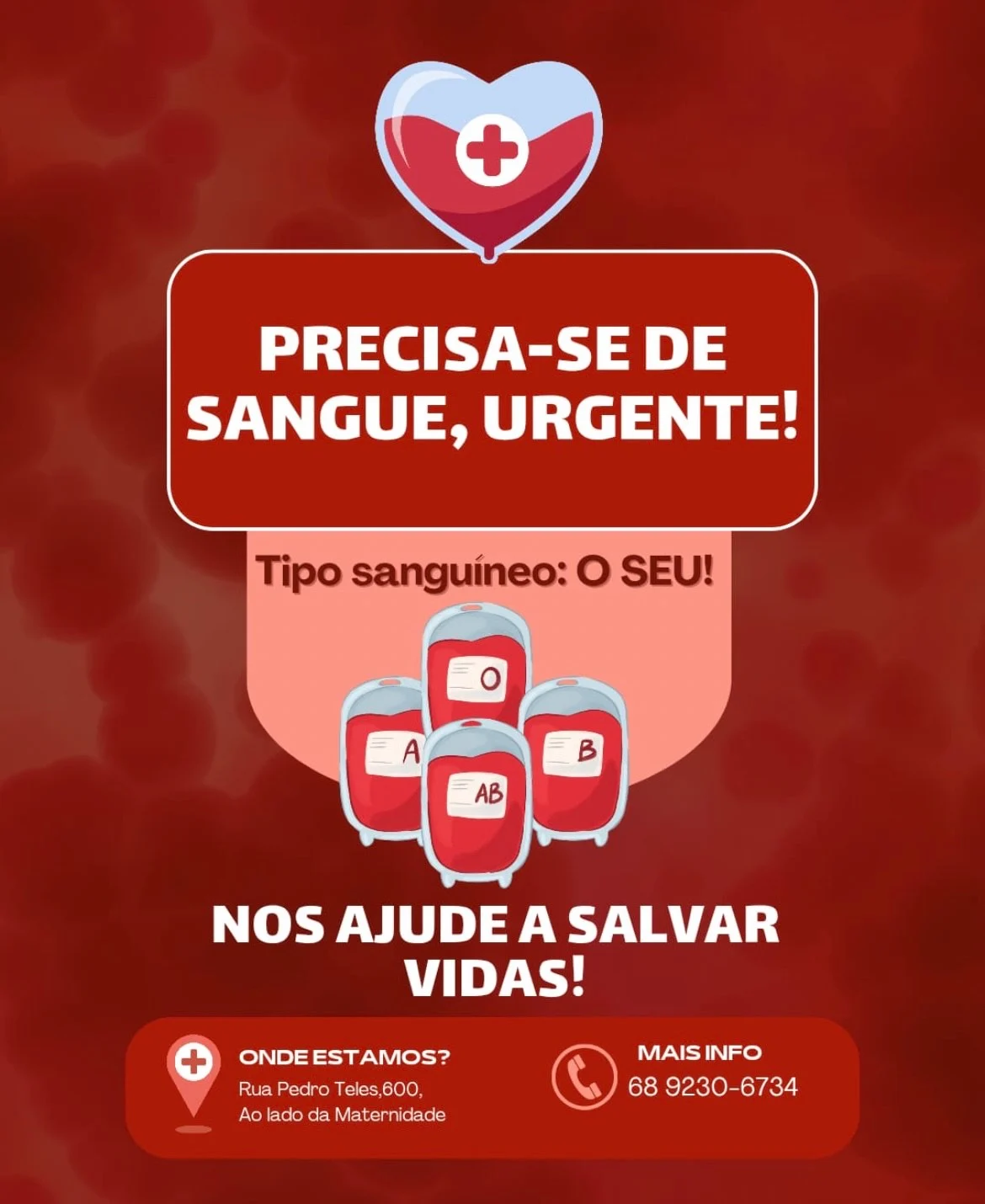 Hemonúcleo de Cruzeiro do Sul precisa de todos os tipos de sangue