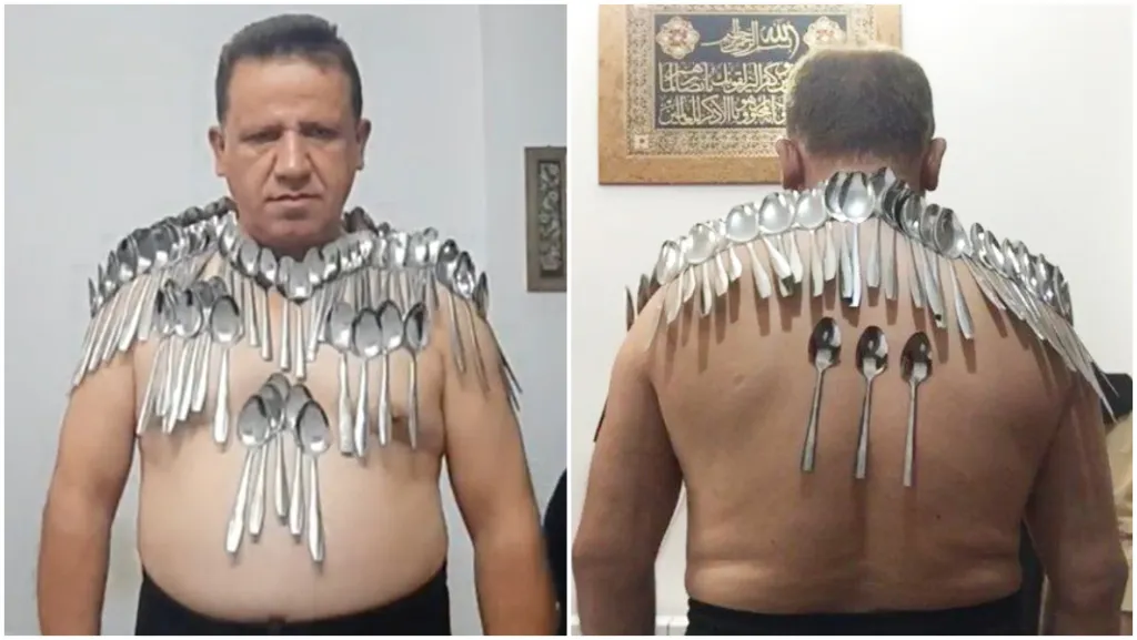 Homem iraniano quebra recorde mundial ao equilibrar 96 colheres no corpo