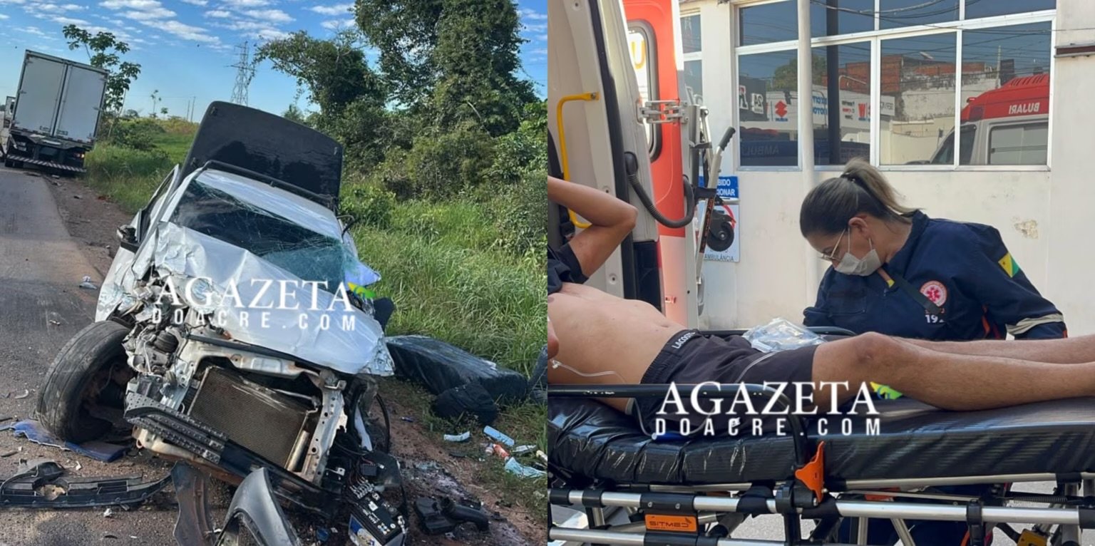 Jovem fica preso às ferragens após colisão com três caminhões na BR-364 e sofre traumatismo craniano