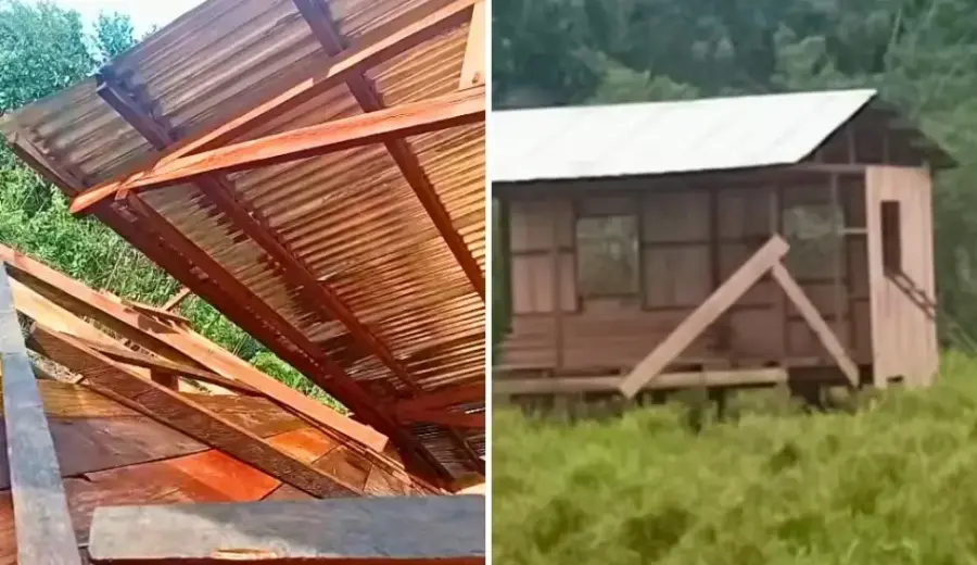Vendaval arranca telhado e derruba parte de casa em construção no interior de Porto Walter