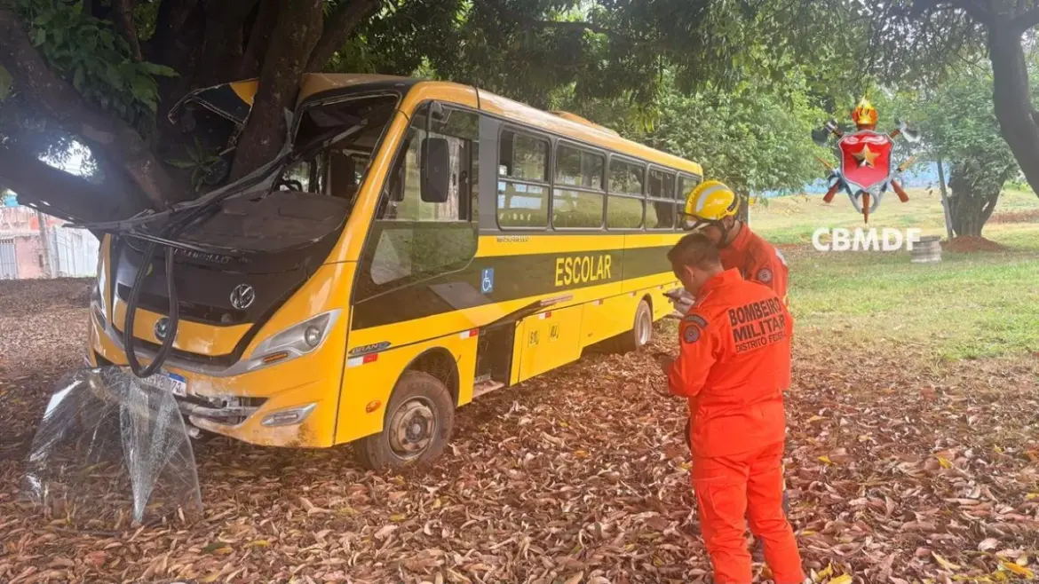 Ônibus escolar com 27 crianças bate em árvore e mobiliza bombeiros