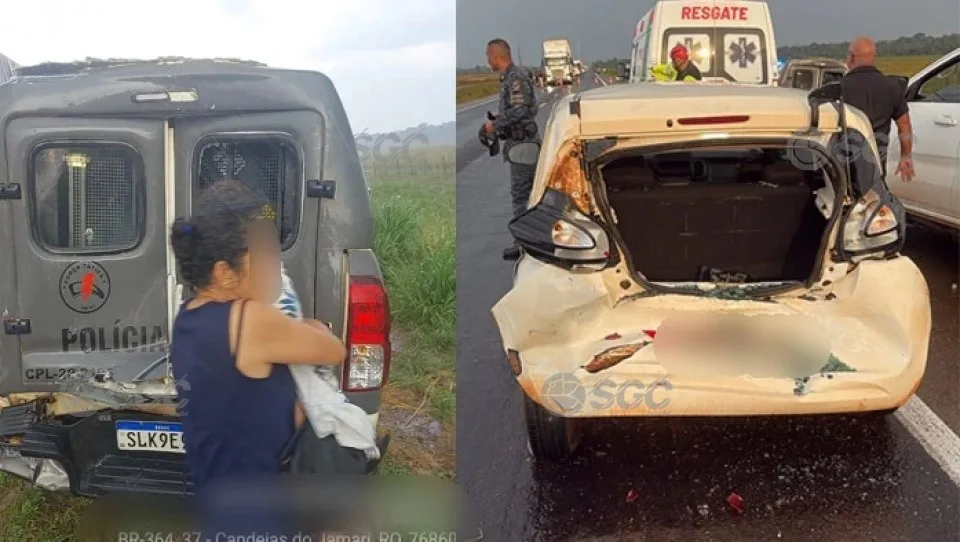 Viatura da Força Tática é atingida por carreta e evita tragédia com família na BR-364