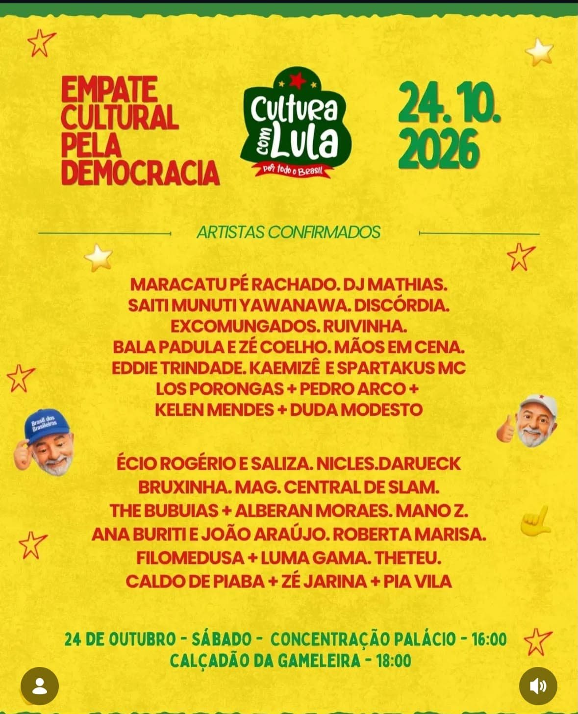 Apoiadores de Lula farão caminhada e ato cultural com mais de 25 atrações em Rio Branco