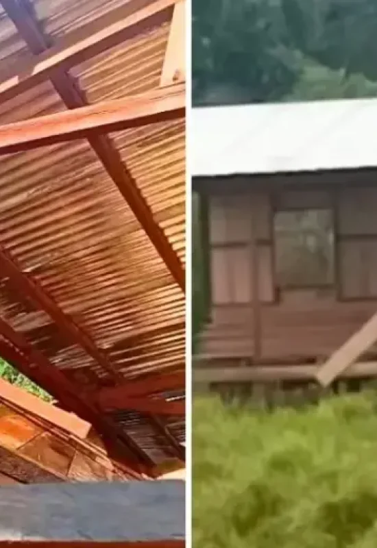 Vendaval arranca telhado e derruba parte de casa em construção no interior de Porto Walter